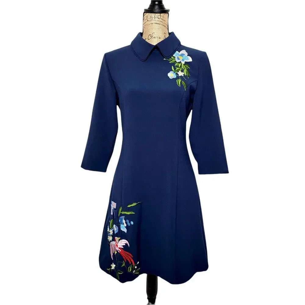 D & R Classic Embroidered Floral Double Collar Dress Women's Plus Size XXL Blue